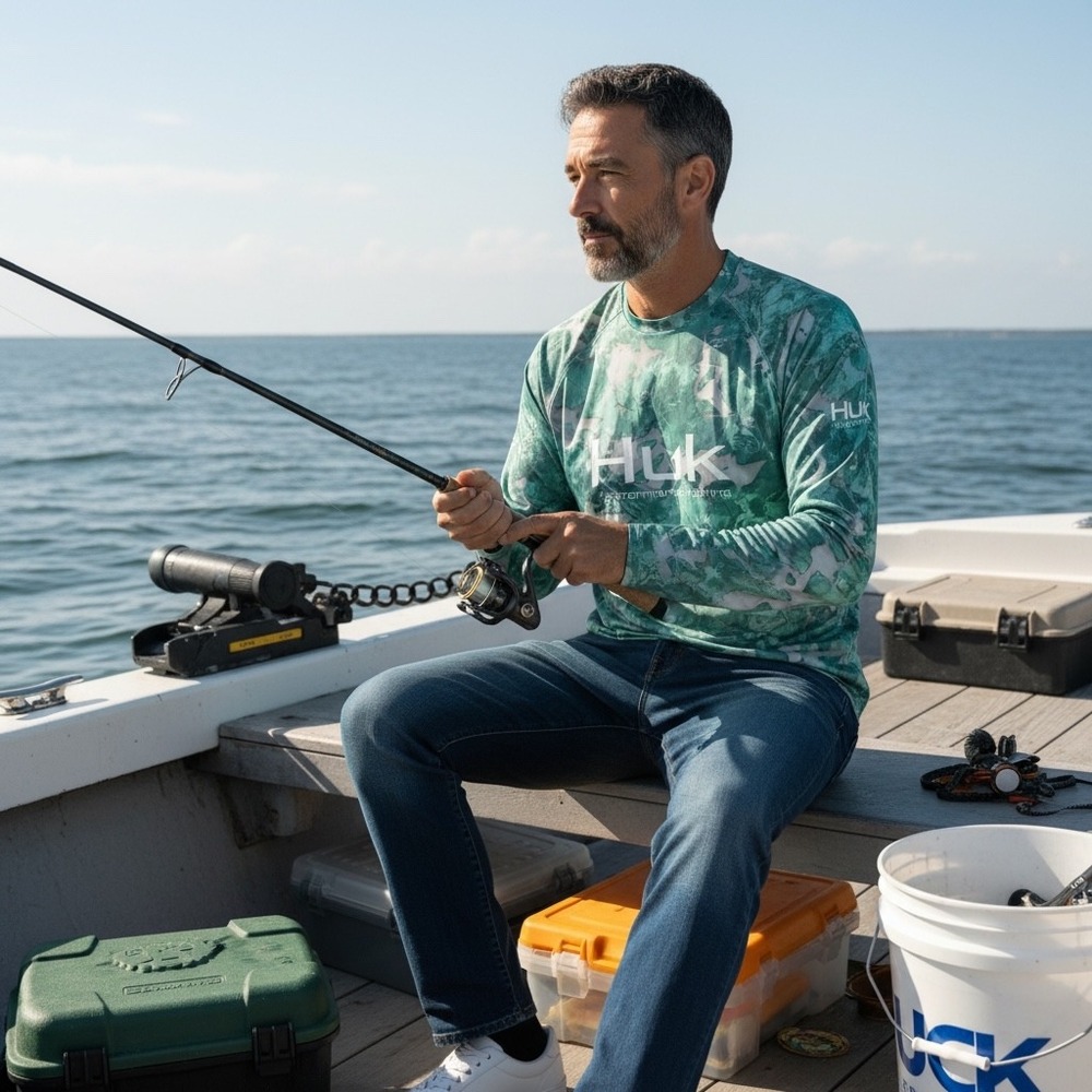 Huk Mens Performance Fishing Shirt Mossy‎ Oak Fracture Camo Green Long Sleeve S